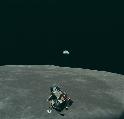 Apollo 11 Lunar Module above Earth, original photograph AS11-44-6643 by NASA.